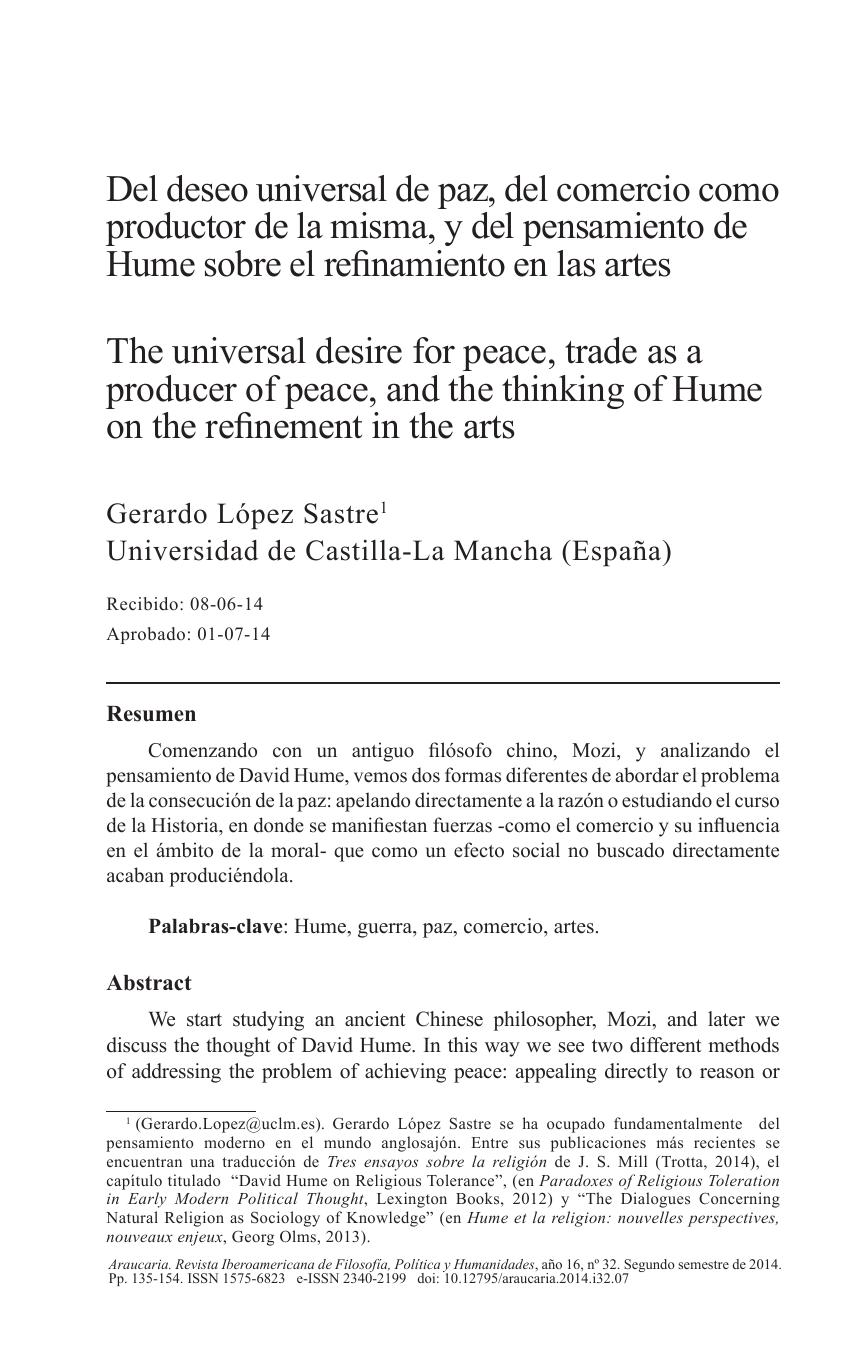 Del deseo universal de paz, del comercio como productor de la misma y del pensamiento de Hume sobre el refinamiento en las artes